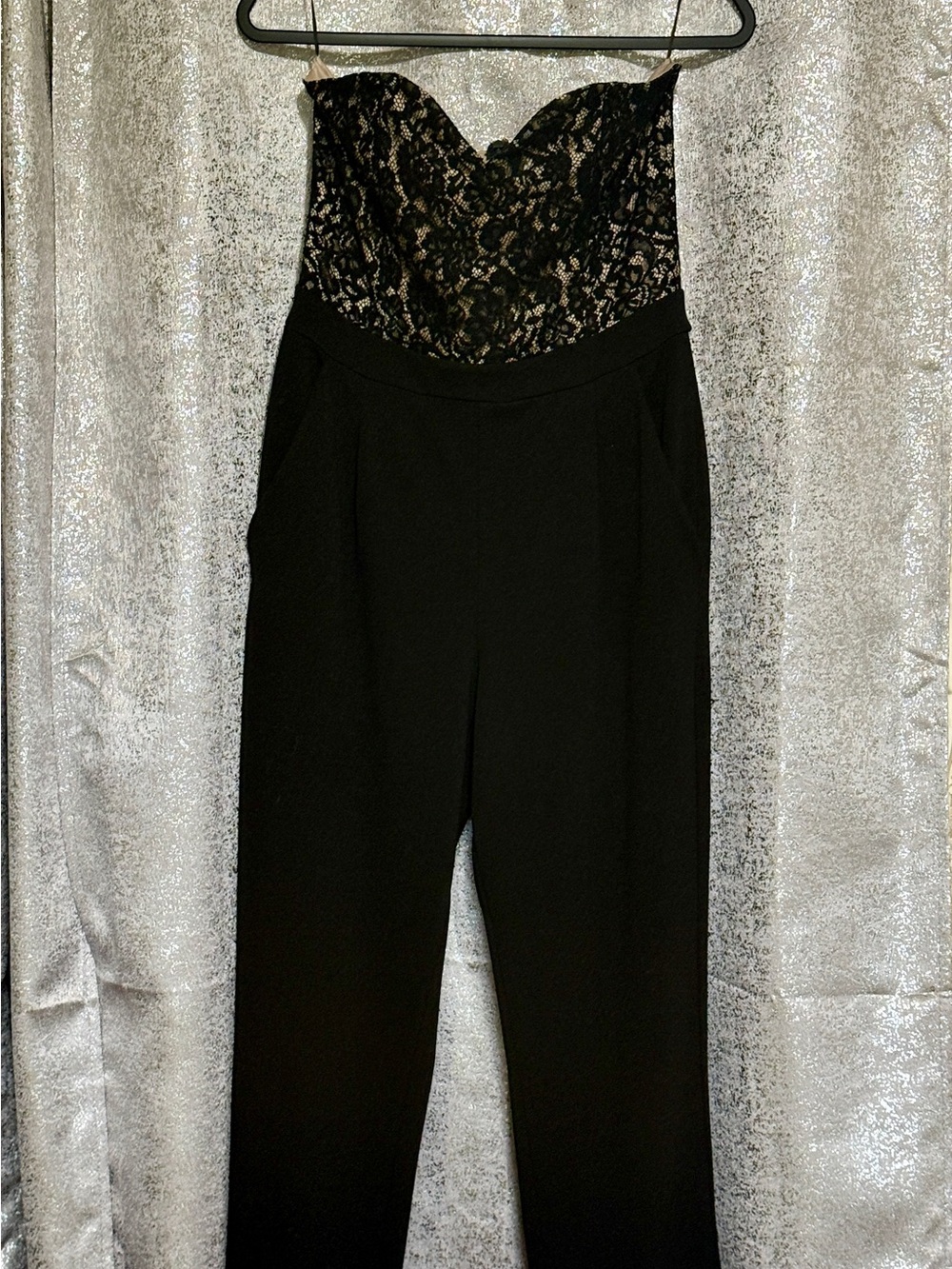 Express Black Lace Sweetheart Strapless Jumpsuit with pockets